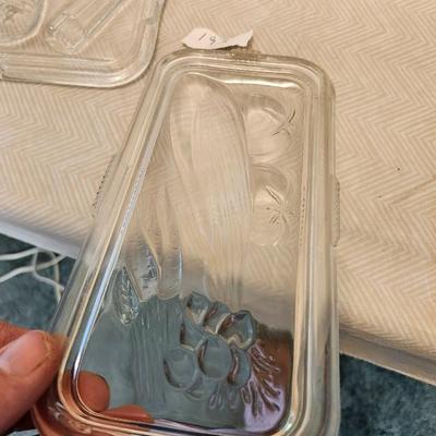 Vintage Federal Clear Glass one Square and two Rectangle Refrigerator Dish with Vegetable Embossed Lid Fridgie