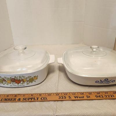 Vintage Corning Ware Spice of three Life La Marjolaine Casserole Dishes with Lids and one Vintage Cornflower Corningware