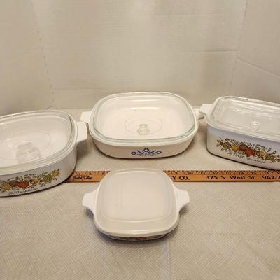 Vintage Corning Ware Spice of three Life La Marjolaine Casserole Dishes with Lids and one Vintage Cornflower Corningware