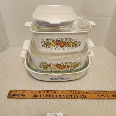 Vintage Corning Ware Spice of three Life La Marjolaine Casserole Dishes with Lids and one Vintage Cornflower Corningware