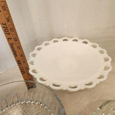 Glassware lot Including footed milk glass serving dish
