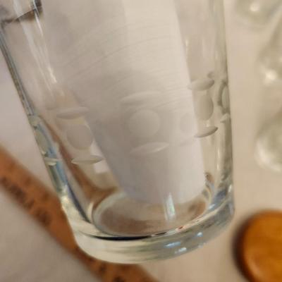 Etched Glassware lot Six Etched Tumbler, ice bucket, vase, butter dish etc.