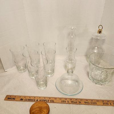 Etched Glassware lot Six Etched Tumbler, ice bucket, vase, butter dish etc.