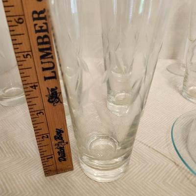 Etched Glassware lot Six Etched Tumbler, ice bucket, vase, butter dish etc.