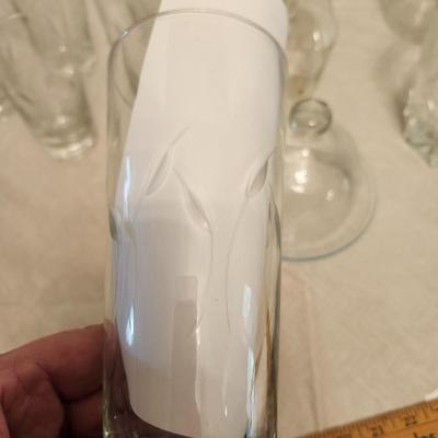 Etched Glassware lot Six Etched Tumbler, ice bucket, vase, butter dish etc.