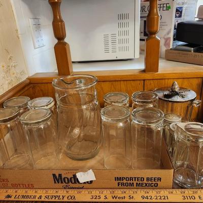 Glassware lot, tumbler, pitcher, Ice bucket, syrup dispenser salt and pepper