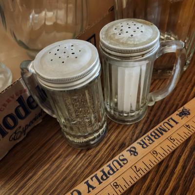 Glassware lot, tumbler, pitcher, Ice bucket, syrup dispenser salt and pepper