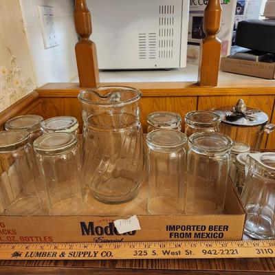 Glassware lot, tumbler, pitcher, Ice bucket, syrup dispenser salt and pepper