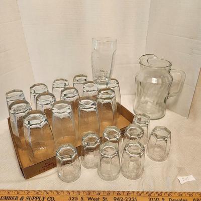 Glassware lot, water tumbles and Juice glass and pitcher