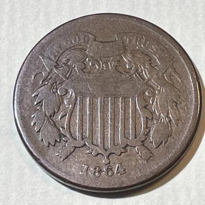 1864 LARGE MOTTO VG CONDITION TWO CENT PIECE TYPE COIN AS PICTURED.