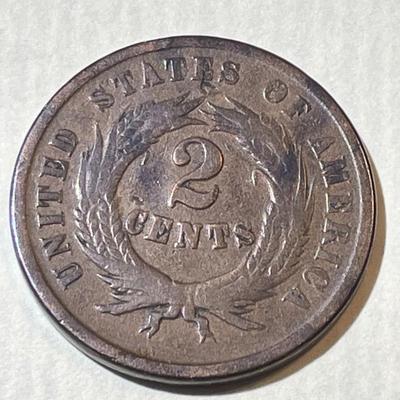 1864 LARGE MOTTO VG CONDITION TWO CENT PIECE TYPE COIN AS PICTURED.