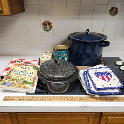 Kitchen lot, including Vintage tins, Enamelware pots
