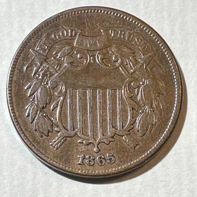 1865 VERY FINE CONDITION TWO CENT PIECE TYPE COIN AS PICTURED.