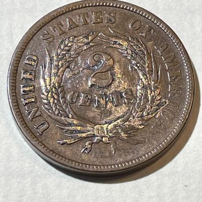 1865 VERY FINE CONDITION TWO CENT PIECE TYPE COIN AS PICTURED.