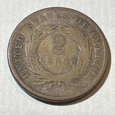 1866 GOOD CONDITION TWO CENT PIECE TYPE COIN AS PICTURED.