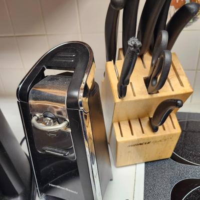 Coffee pot, knife with block and can operer