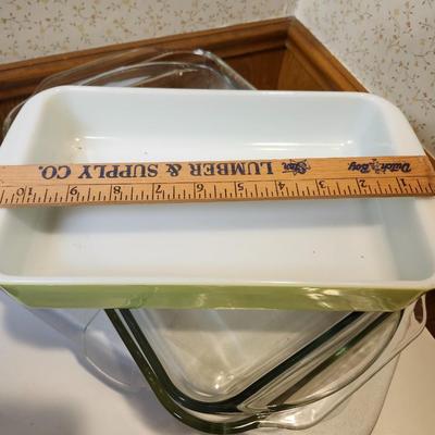 Kitchen lot including Pyrex, Casserole Dish Carrier, Glass Casserole Dishes, bowl etc