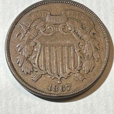 1867 VERY FINE CONDITION TWO CENT PIECE TYPE COIN AS PICTURED.