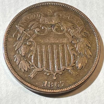 1867 FINE/VF CONDITION TWO CENT PIECE TYPE COIN AS PICTURED.