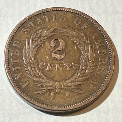 1867 FINE/VF CONDITION TWO CENT PIECE TYPE COIN AS PICTURED.