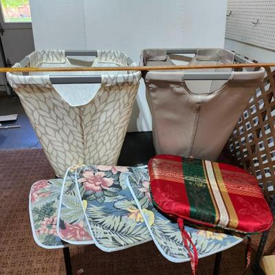 Two Cloth laundry baskets and seat cushions