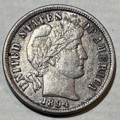 SCARCE 1894-P EF/FINE CONDITION BARBER SILVER DIME AS PICTURED.