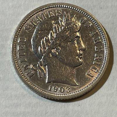 1903-O EF CONDITION POLISHED BARBER SILVER DIME AS PICTURED.