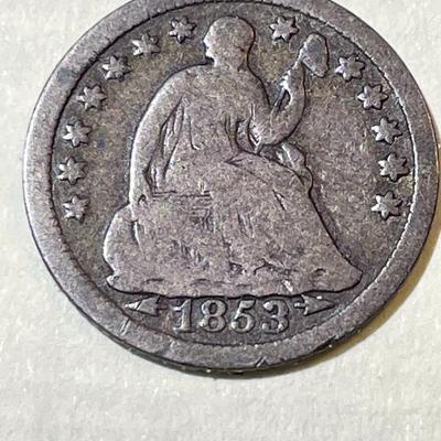 1853 w/ARROWS GOOD CONDITION LIBERTY SEATED SILVER HALF DIME AS PICTURED.