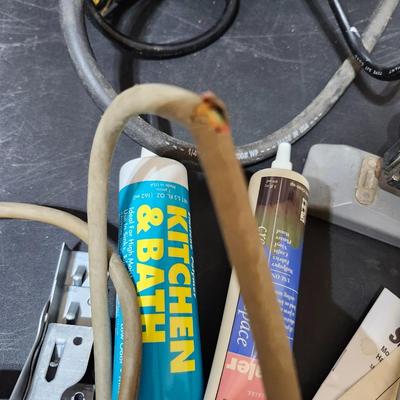 Garage tool lot, home improvement including electric saw and small compressor