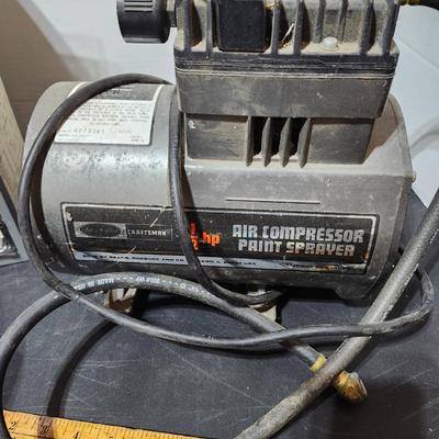 Garage tool lot, home improvement including electric saw and small compressor