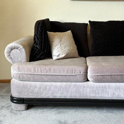 GREY CRUSHED VELVET SOFA WITH WOOD TRIM AND THROW PILLOWS BY ALLIED FINE FURNITURE