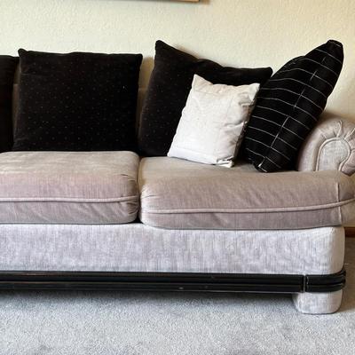 GREY CRUSHED VELVET SOFA WITH WOOD TRIM AND THROW PILLOWS BY ALLIED FINE FURNITURE