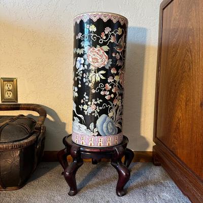 BAMBOO AND RATTAN CHEST WITH LID AND A PORCELAIN UMBRELLA STAND