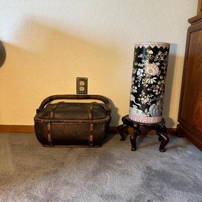 BAMBOO AND RATTAN CHEST WITH LID AND A PORCELAIN UMBRELLA STAND