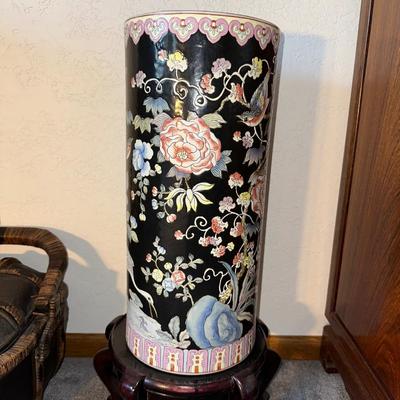 BAMBOO AND RATTAN CHEST WITH LID AND A PORCELAIN UMBRELLA STAND