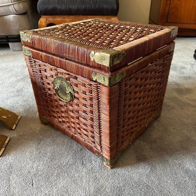 HOLY QURAN STAND WITH INLAID MOTHER OF PEARL AND A WICKER CHEST WITH BRASS HARDWARE