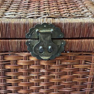 HOLY QURAN STAND WITH INLAID MOTHER OF PEARL AND A WICKER CHEST WITH BRASS HARDWARE