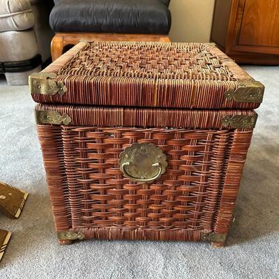 HOLY QURAN STAND WITH INLAID MOTHER OF PEARL AND A WICKER CHEST WITH BRASS HARDWARE