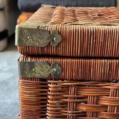 HOLY QURAN STAND WITH INLAID MOTHER OF PEARL AND A WICKER CHEST WITH BRASS HARDWARE