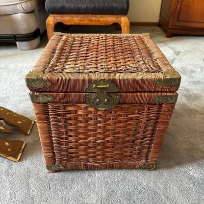 HOLY QURAN STAND WITH INLAID MOTHER OF PEARL AND A WICKER CHEST WITH BRASS HARDWARE