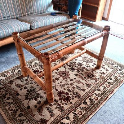 GENUINE BAMBOO FRAMED COFFEE TABLE WITH GLASS TOP PLUS RUG