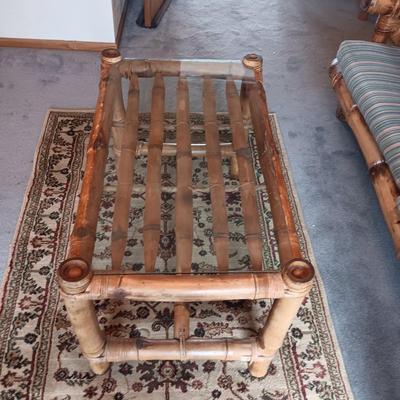 GENUINE BAMBOO FRAMED COFFEE TABLE WITH GLASS TOP PLUS RUG