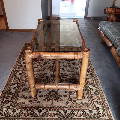 GENUINE BAMBOO FRAMED COFFEE TABLE WITH GLASS TOP PLUS RUG