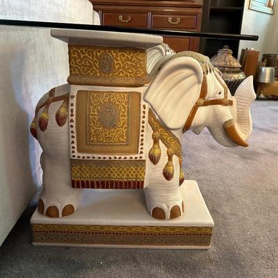 HAND PAINTED, GLAZED ELEPHANTS W/GLASS TOP