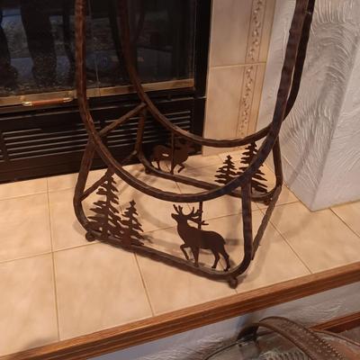 RUSTIC IRON LOG HOLDER WITH MOOSE AND TREES