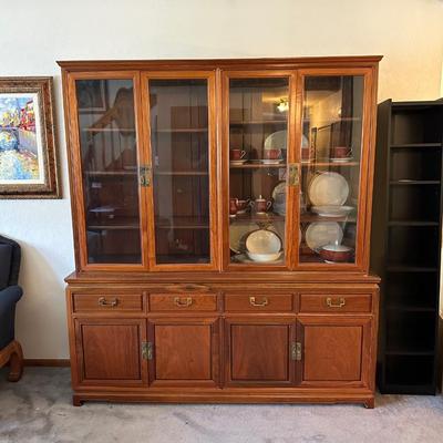 LIGHTED, 2 TONE SOLID WOOD, HIGH END DISPLAY CABINET WITH BRASS HARDWARE