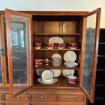 LIGHTED, 2 TONE SOLID WOOD, HIGH END DISPLAY CABINET WITH BRASS HARDWARE