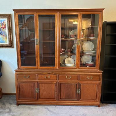 LIGHTED, 2 TONE SOLID WOOD, HIGH END DISPLAY CABINET WITH BRASS HARDWARE