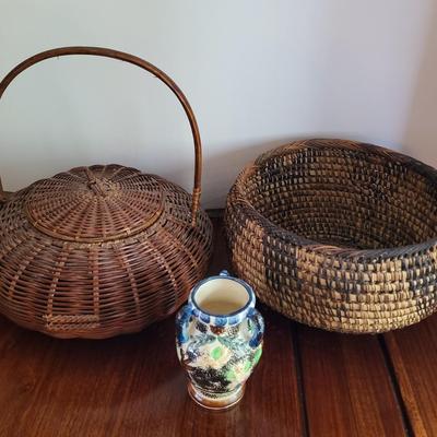 WOVEN COIL AND ASIAN BASKET WITH LID