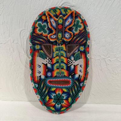 MEXICAN HUICHOL WIXARIKA FOLK ART BEADED MASK SACRED SYMBOLS